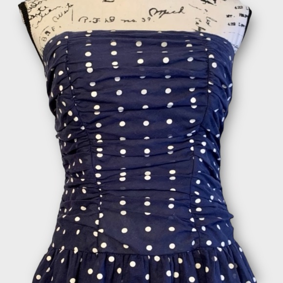 Vintage Navy Blue Polka Dot Strapless Fit and Flare Swing Dress - Picture 8 of 12